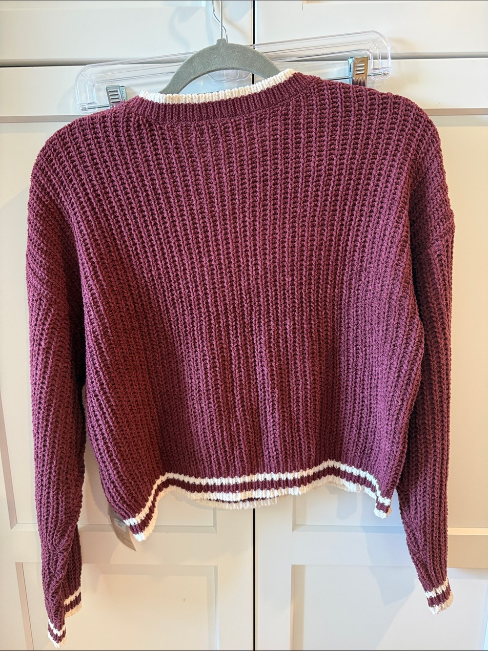 Francesca's Collections Burgundy Cable Knit Crew Sweater with White Trim - Picture 3 of 3